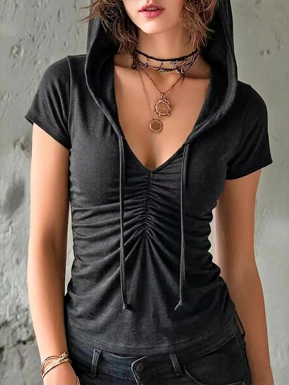 Ruched Short Sleeve Hoodie in Black New